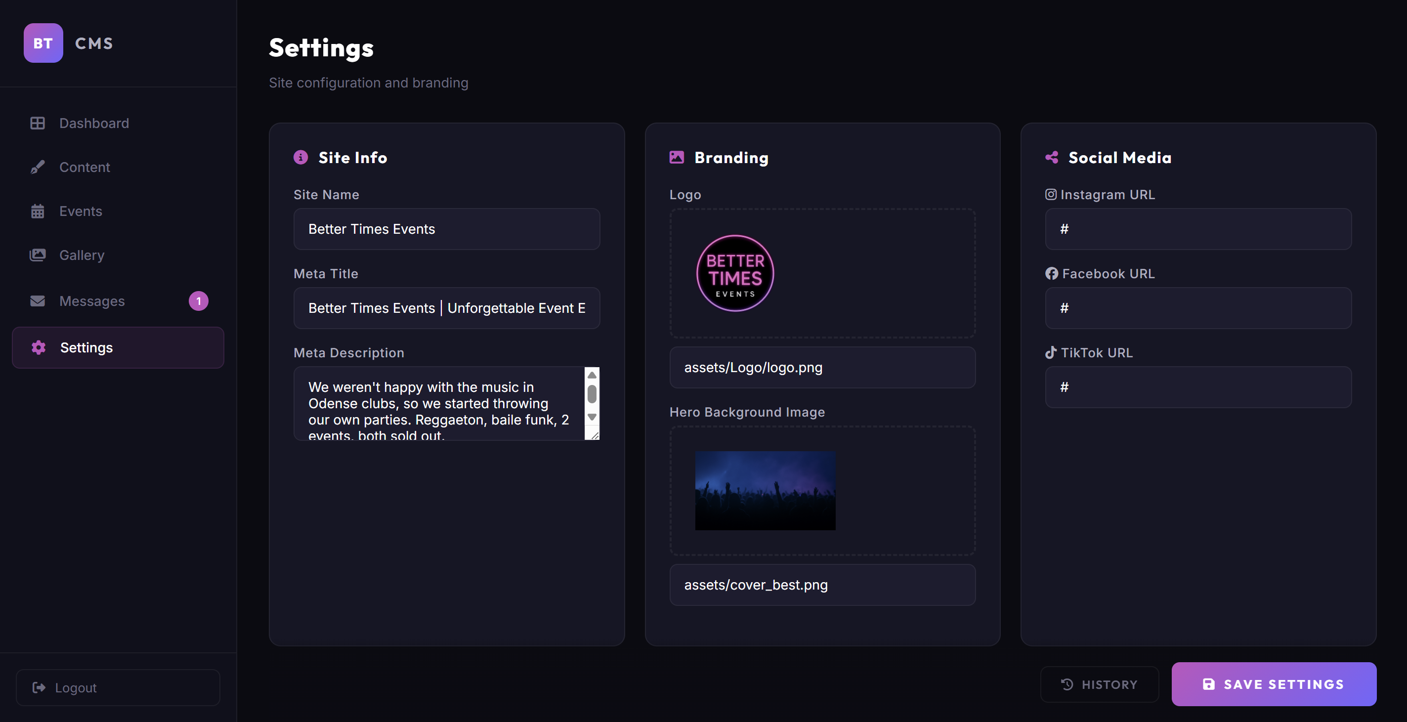 CMS Settings branding and social