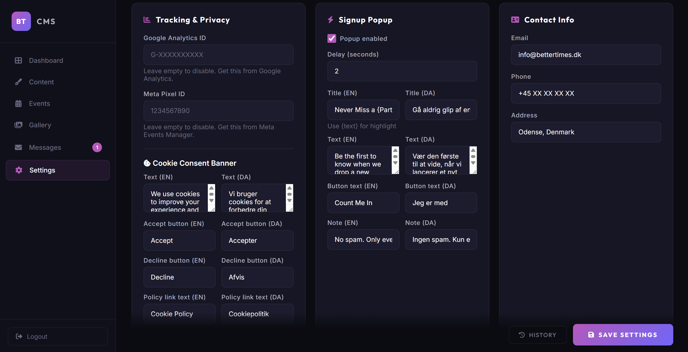 CMS Settings tracking and privacy