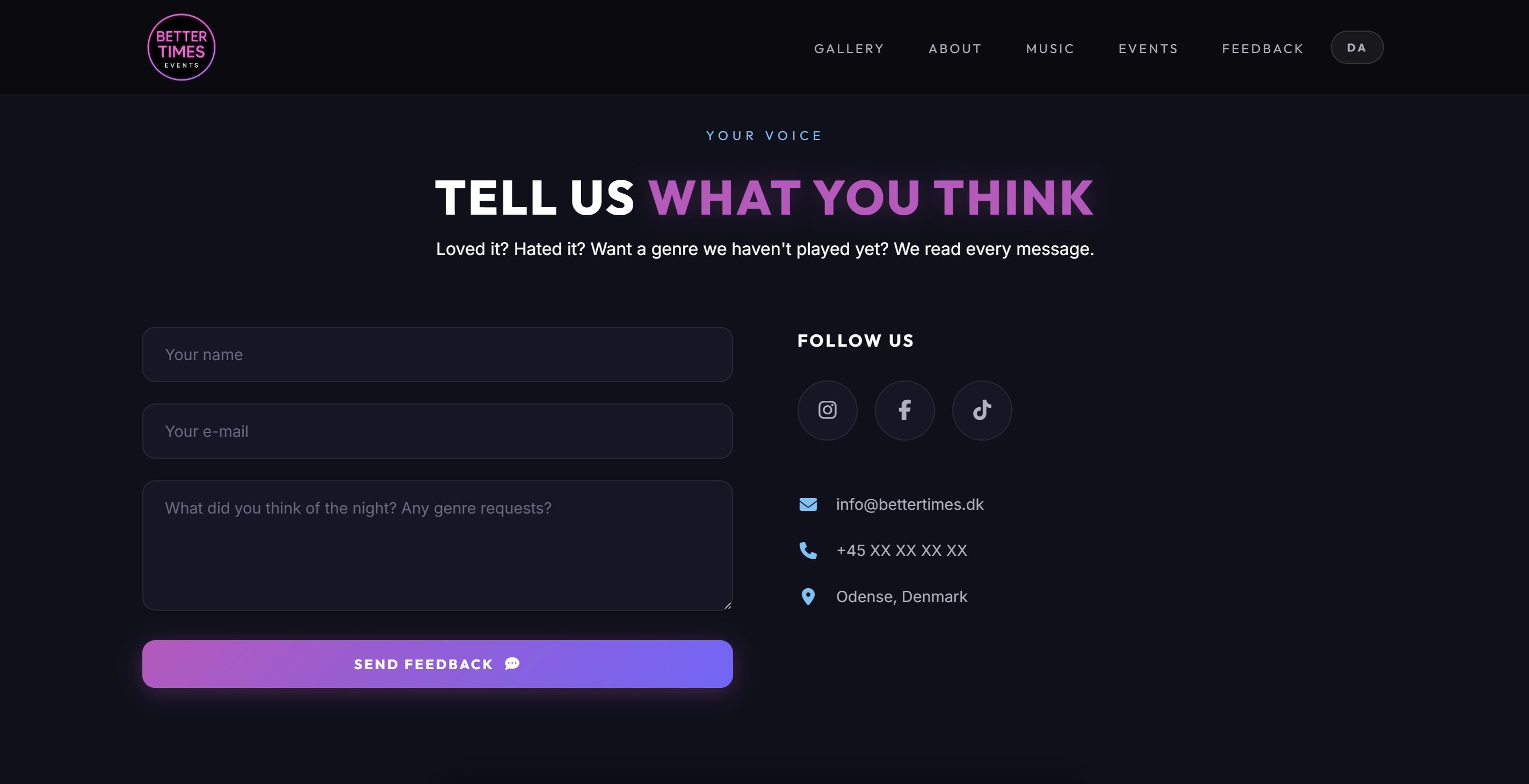 Feedback form and contact section