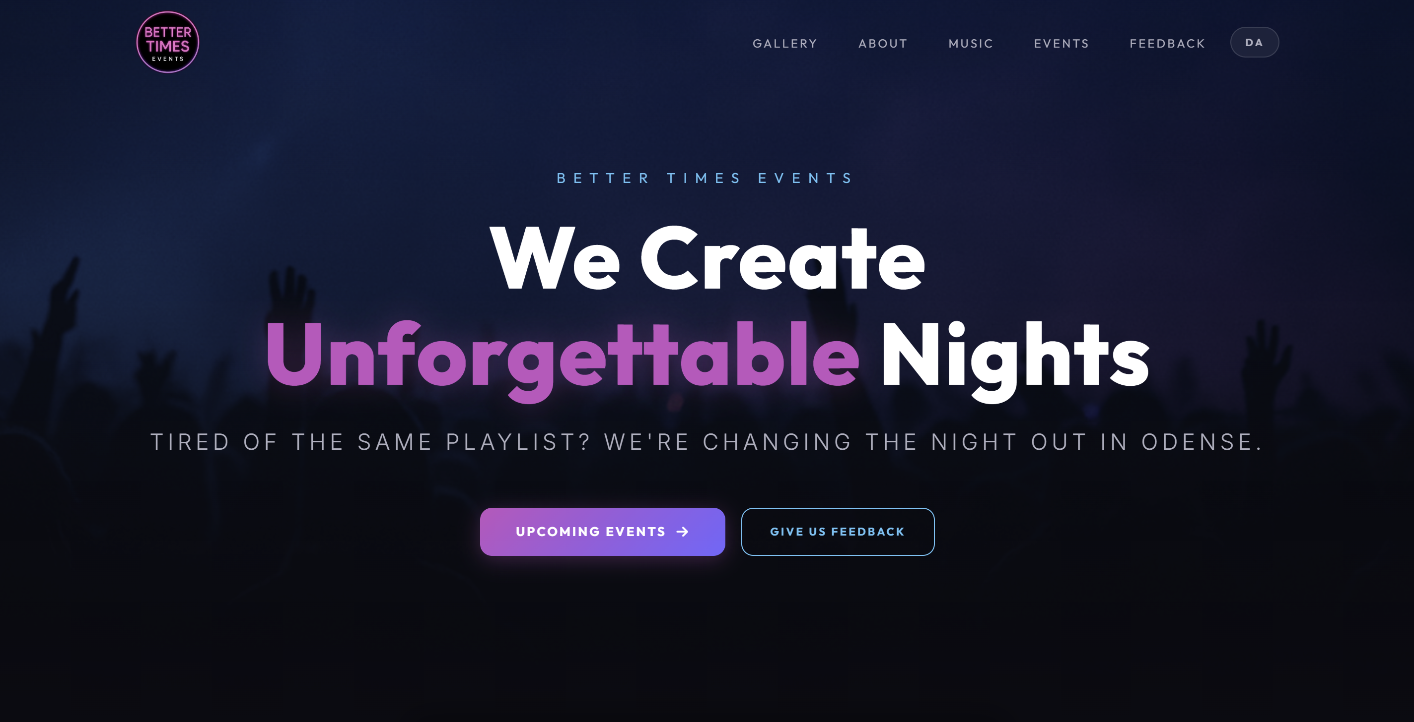 Better Times Events homepage hero section